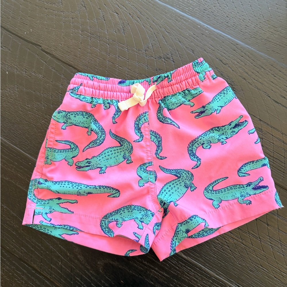 Chubbies Kids Pink Swim Trunks with Green Alligator Print